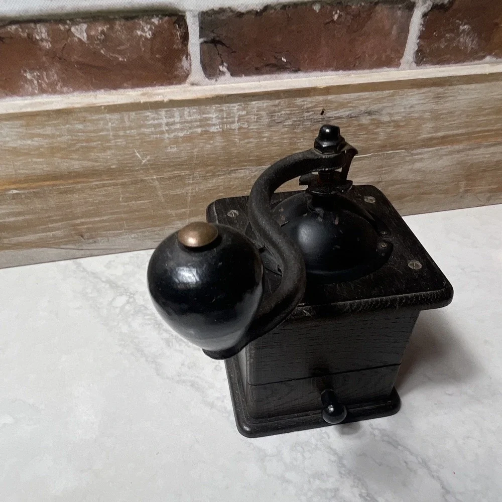 Manual Coffee Grinder Black Wood Box w/ Drawer, Crank Handle, 9 in Tall